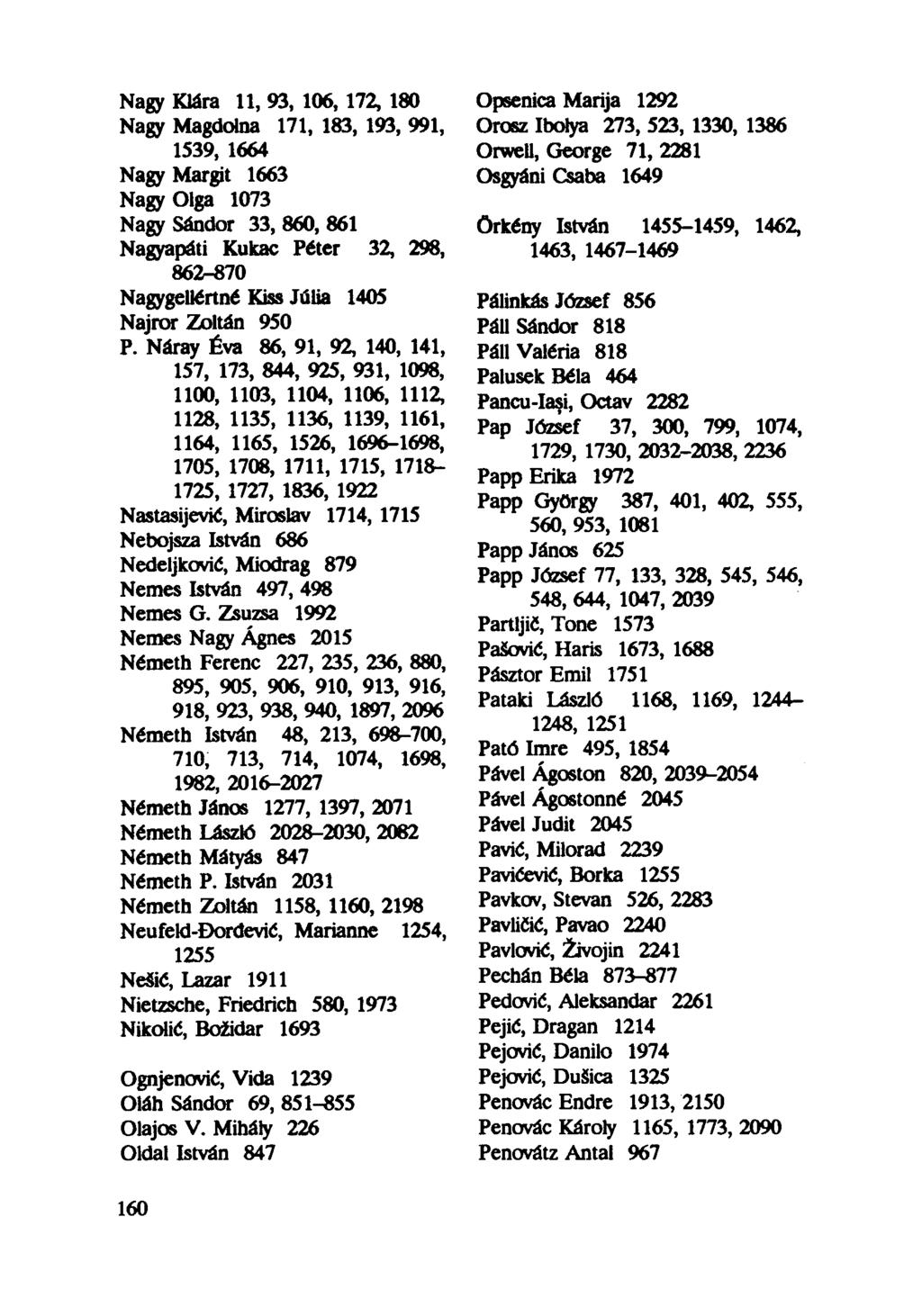 Nagy Klára 11, 93, 106, 172, 180 Nagy Magdolna 171, 183, 193, 991, 1539, 1664 Nagy Margit 1663 Nagy Olga 1073 Nagysándor 33,860,861 Nagyapáti Kukac Péter 32, 298, 862-870 Nagygellértné Kiss Júlia