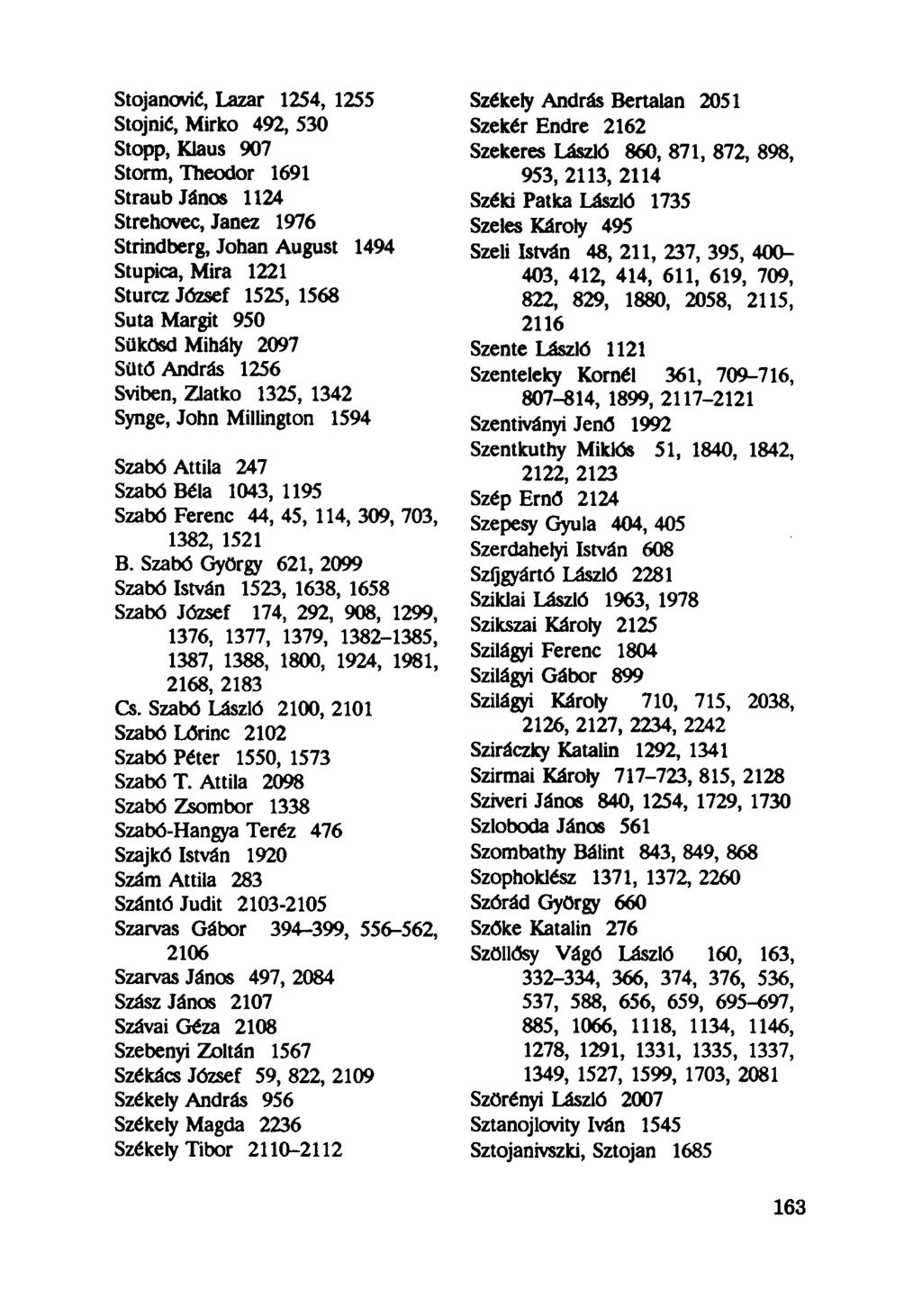 Stojanović, Lazar 1254, 1255 Stojnić, Mirko 492, 530 Stopp, Klaus 907 Storm, Theodor 1691 Straub János 1124 Strehovec, Janez 1976 Strindberg, Johan August 1494 Stupica, Mira 1221 Sturcz József 1525,