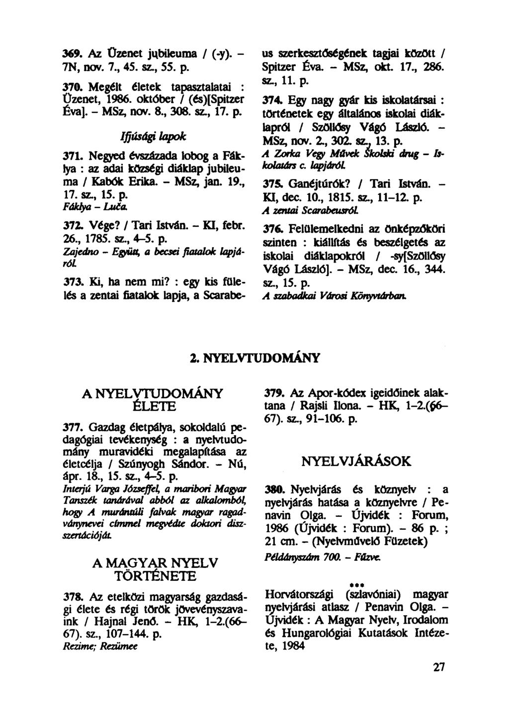 369. Az Üzenet jubileuma / (-y). - 7N, nov. 7., 45. sz., 55. p. 370. Megélt életek tapasztalatai : Üzenet, 1986. október / (és)[spitzer Éva]. - MSz, nov. 8., 308. sz., 17. p. Ifjúságilapok 371.