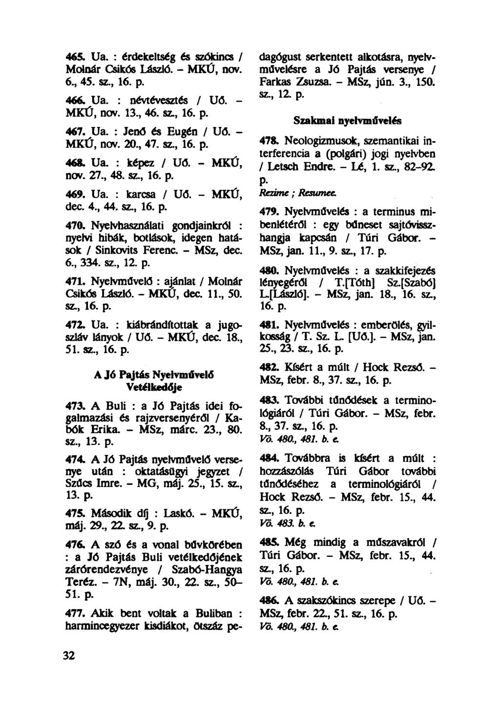 465. Ua. : érdekeltség és szókincs / Molnár Csikós László. - MKÚ, nov. 6., 45. sz., 16. p. 466. Ua. : névtévesztés / Uő. - MKÚ, nov. 13., 46. sz., 16. p. 467. Ua. : Jenő és Eugén / Uö. - MKÚ, nov. 20.
