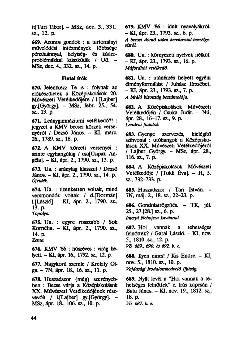 ttfturi Tibor]. - MSz, dec. 3, 331. sz., 12. p. 669. Azonos gondok : a tartományi művelődési intézmények többsége pénzhiánnyal, helyiség- és káderproblémákkal küszködik / Uő. - MSz, dec. 4, 332.