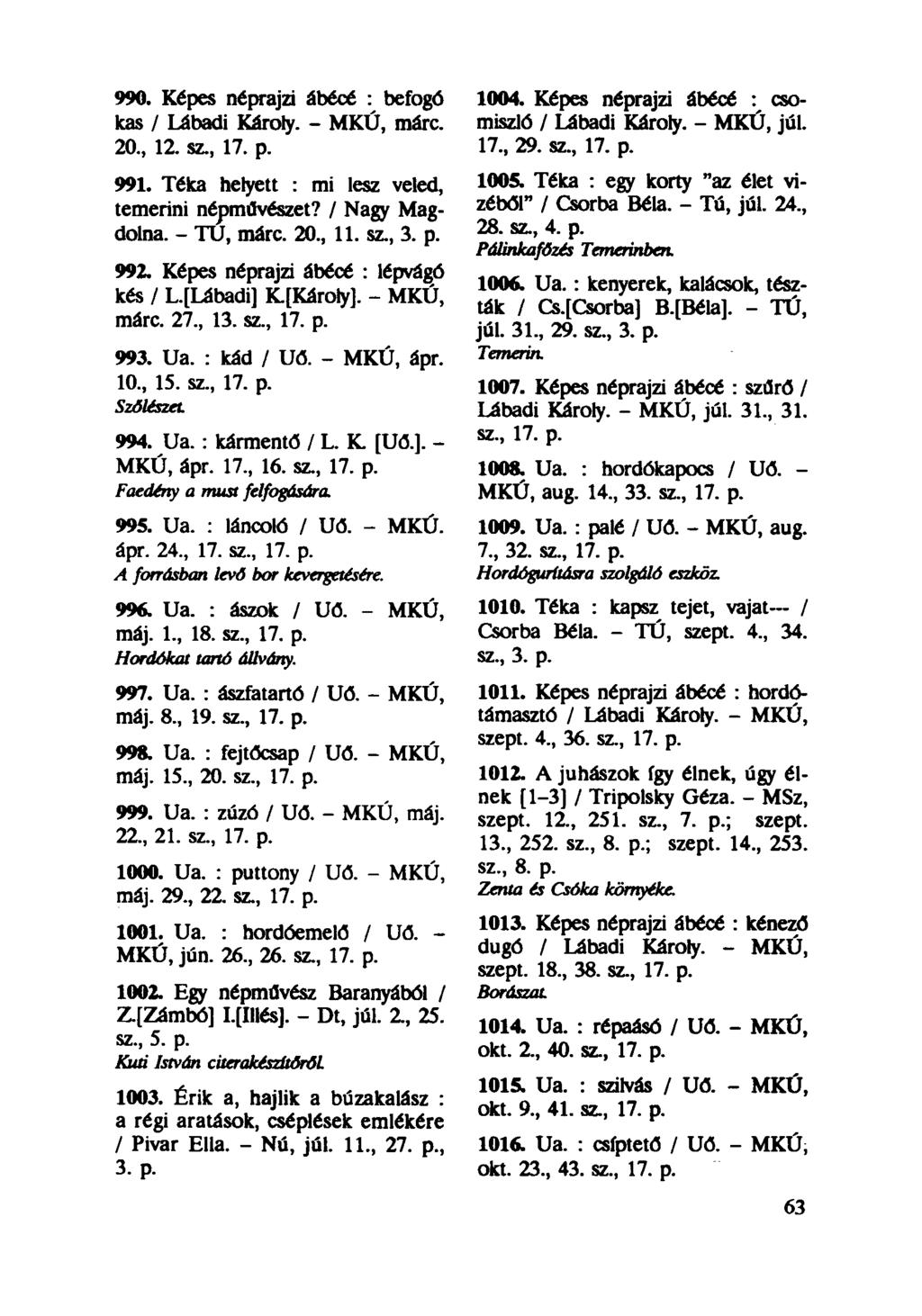 990. Képes néprajzi ábécé : befogó kas / Lábadi Károly. - MKÚ, márc. 20, 12. sz, 17. p. 991. Téka helyett : mi lesz veled, temerini népművészet? / Nagy Magdolna. - TU, márc. 20, 11. sz, 3. p. 992.
