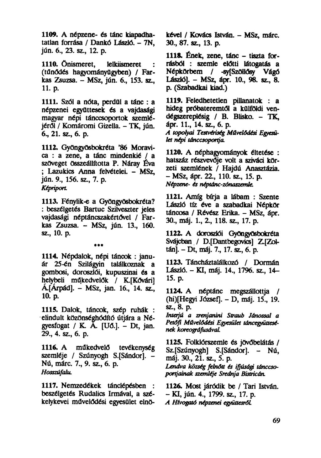 1109. A népzene- és tánc kiapadhatatlan forrása / Dankó László. - 7N, jún. 6, 23. sz, 12. p. 1110. önismeret, lelkiismeret (tűnődés hagyományügyben) / Farkas Zsuzsa. - MSz, jún. 6, 153. sz, 11. p. 1111.
