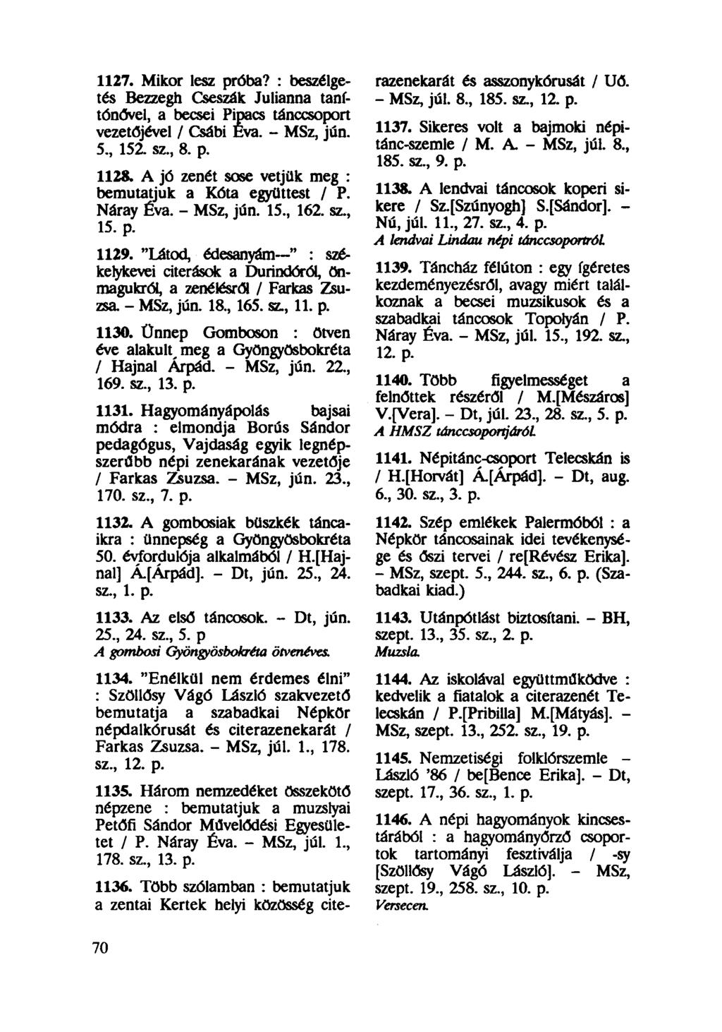 1127. Mikor lesz próba? : beszélgetés Bezzegh Cseszák Julianna tanítónővel, a becsei Pipacs tánccsoport vezetőjével / Csábi Éva. - MSz, jún. 5, 152. sz, 8. p. 1128.