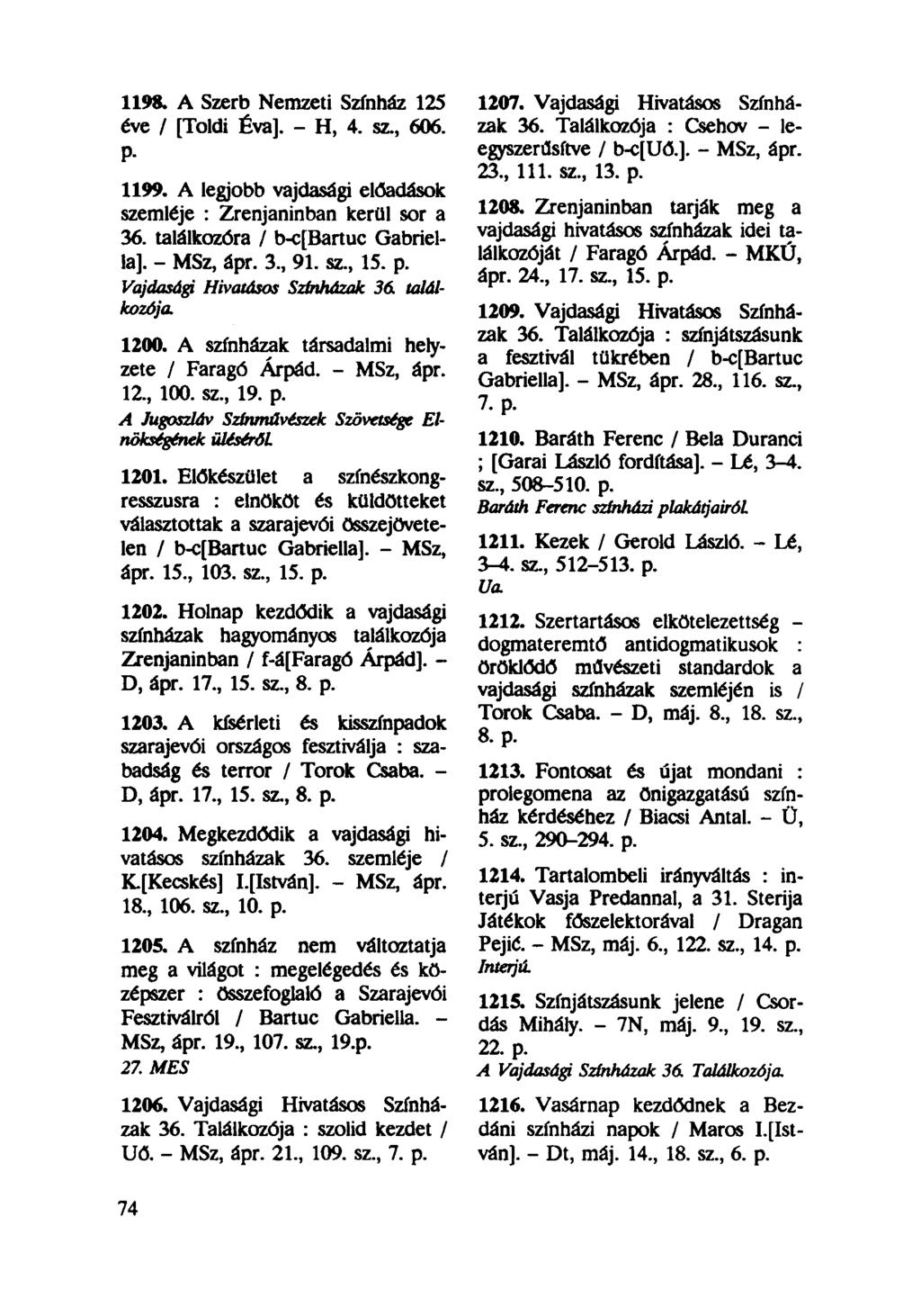 1198. A Szerb Nemzeti Színház 125 éve / [Toldi Éva]. - H, 4. sz, 606. P- 1199. A legjobb vajdasági előadások szemléje : Zrenjaninban kerül sor a 36. találkozóra / b-c[bartuc Gabriella]. - MSz, ápr.