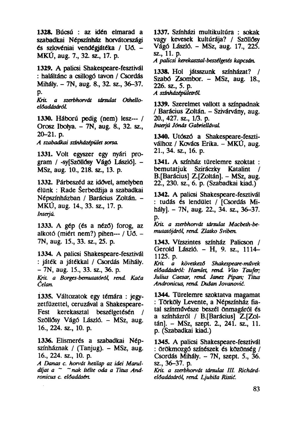 1328. Búcsú : az idén elmarad a szabadkai Népszínház horvátországi és szlovéniai vendégjátéka / Uő. - MKÚ, aug. 7, 32. sz, 17. p. 1329.