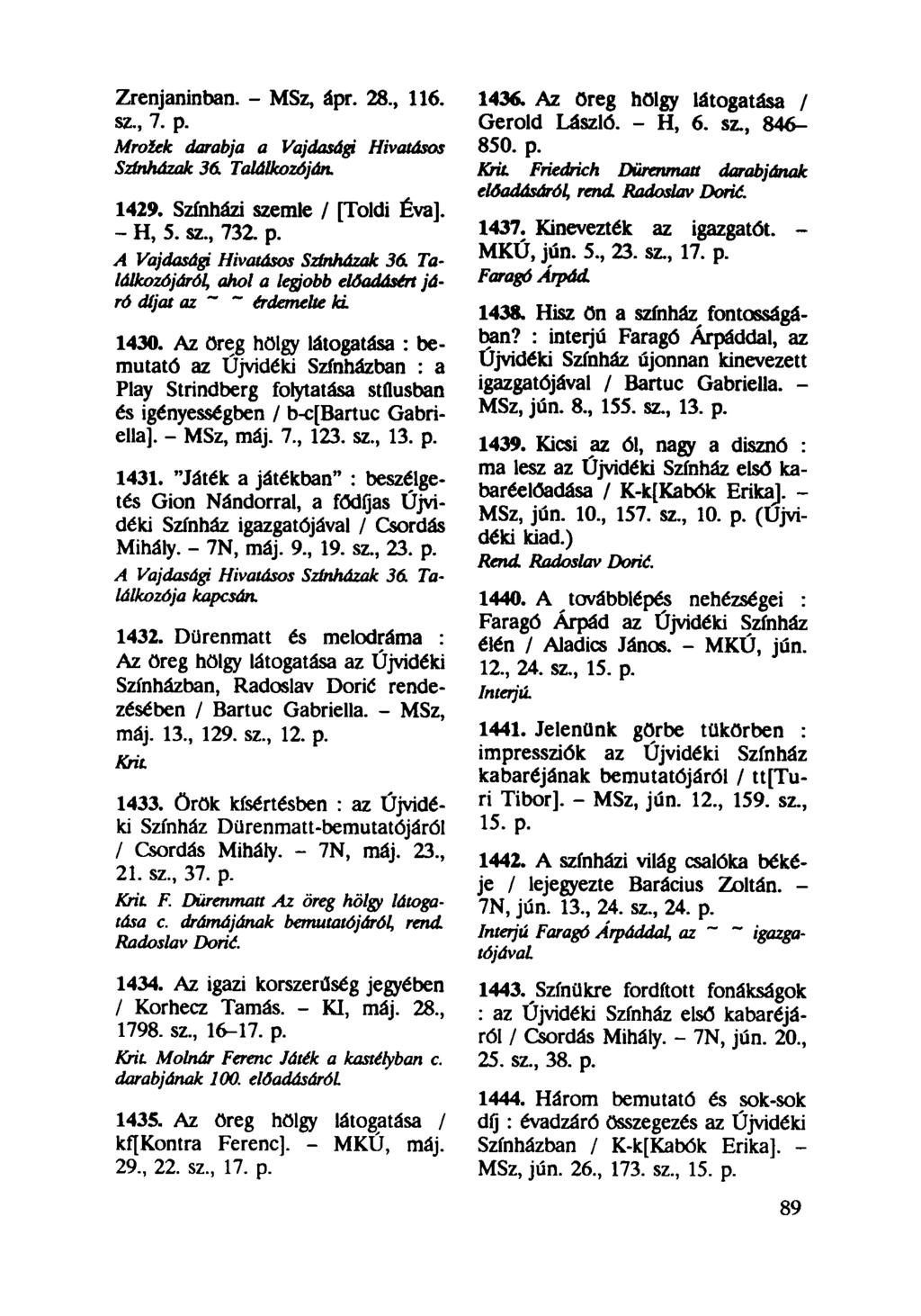 Zrenjaninban. - MSz, ápr. 28, 116. sz, 7. p. Mroiek darabja a Vajdasági Hivatásos Színházak 3d Találkozóján. 1429. Színházi szemle / [Toldi Éva]. - H, 5. sz, 732. p. 1437. Kinevezték az igazgatót.