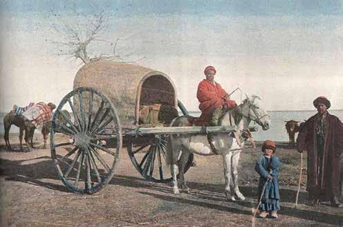 50 Szekér Magyar őstörténet 5. Közép-ázsiai buharai kétkerekű szekér (arba) egy képeslapon, 1890 körül Arról, hogy a magyarok szekereket használtak, néhány kortárs forrás is megemlékezik.
