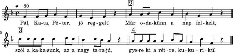 Rajta, rajta gyerekek, Ágyatokból keljetek! Ébredj, ébredj már, Hív a napsugár! A Nap is az égen jár, Álomszuszék, ébredj már! Finoman simogatni, cirógatni lehet a kisgyermeket.