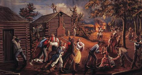 A szentek kiűzése a Missouri állambeli Jackson megyéből. Készítette: C. C. A. Christensen (1831 1912), 1878 körül. Tempera, selyemre. 196x287 cm. Brigham Young Egyetem Művészeti Múzeum; C. C. A. Christensen unokáinak adománya 1970- ben SZEPTEMBER 6 12.