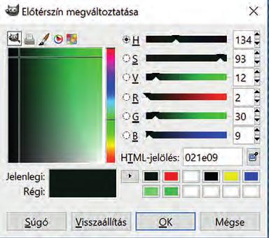 Színek választása palettáról, vagy RGB kóddal (2,30,9) Színábrázolás Milyen tulajdonságokat tárolunk 24 biten?