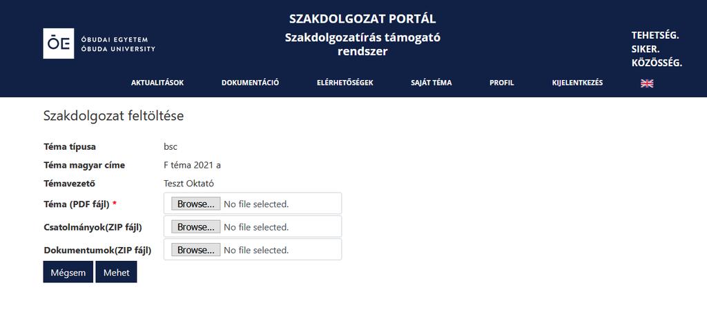 A feltöltésnél egy pdf és két zip formátumú file töthető fel.