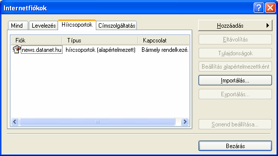 Információ és kommunikáció MS Windows XP HÍRKISZOLGÁLÓ SZERVER BEÁLLÍTÁSA A hírcsoportok megtekintéséhez szükség van legalább egy hírkiszolgáló szerver címének