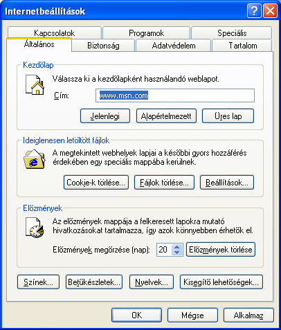 A KEZDŐLAP MEGVÁLTOZ- TATÁSA Az Internet Explorer indításakor megjelenő weboldalt kezdőlapnak nevezzük. Kezdőlapként bármely internetes oldalt beállíthatunk.