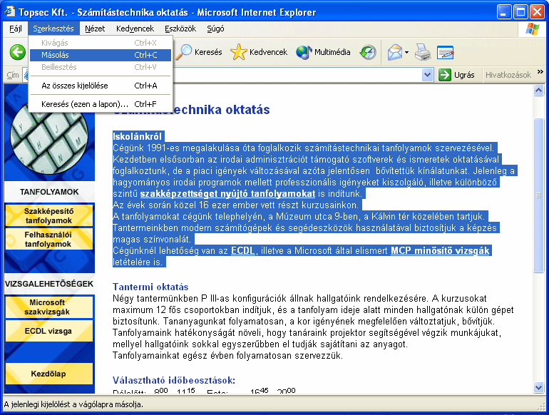 SZÖVEGRÉSZ ÁTMÁSOLÁSA FÁJLBA Az interneten történő böngészés során előfordulhat, hogy a számunkra hasznos információkat külön dokumentumba szeretnénk elmenteni, hogy azt később is fel tudjuk