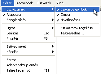 Az eszköztárak megjelenítését a Nézet menü Eszköztárak almenüjének parancsaival kapcsolhatjuk ki vagy be.