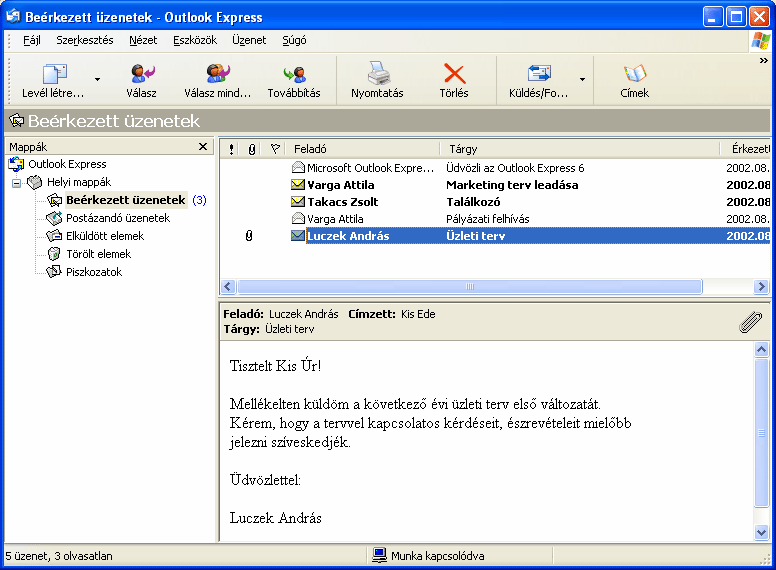 Információ és kommunikáció MS Windows XP LEVELEZÉS AZ OUTLOOK EXPRESSBEN LEVELEK FOGADÁSA ÉS ELOLVASÁSA Az Outlook Express indításakor alaphelyzetben új üzeneteink
