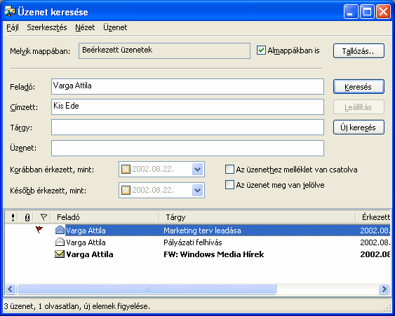 Információ és kommunikáció MS Windows XP A Keresés gombra kattintva elindíthatjuk a keresést. Amennyiben a keresés sikeresen fejeződik be, a panelen megjelennek a feltételnek megfelelő üzenetek.