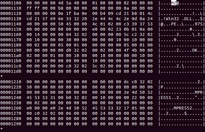 Azonosítani tudunk egy Microsoft Windows binárist (MZ-vel kezdődően). Továbbá, láthatjuk két másik jelentős sztringet: MPRESS1 és MPRESS2.