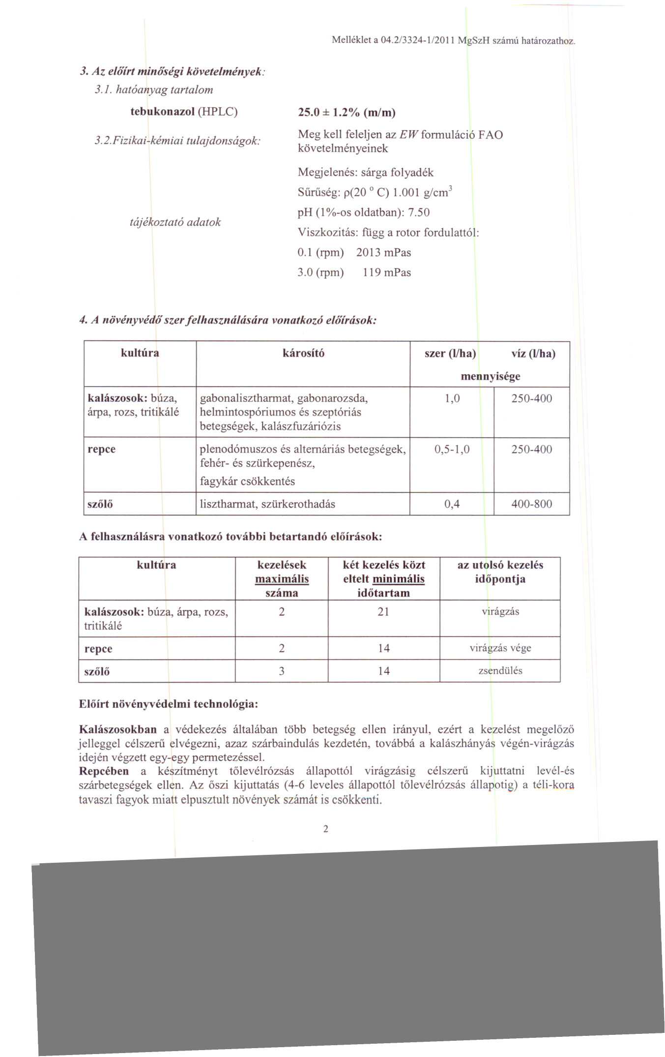 Melh~klet a 04.2/3324-1/20] I MgSzH szamu hatarozathoz. 3. Az elifirt millifsegi kovetelmellyek: 3.1. hatoanyag tartalom tebukonazol 3.2.Fizikai-kemiai (HPLC) tulajdonsagok: 25.0 ± 1.