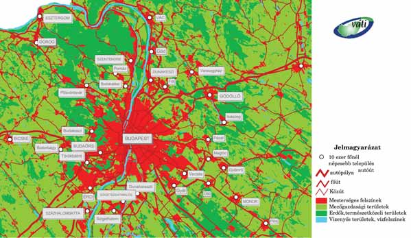 5. térkép: Területhasználat Budapest térségében Mindez jelentôs területhasználati konfliktusokhoz vezethet, és a városok körüli ökológiai, zöld gyûrû eltûnésének veszélyét hordja magában.