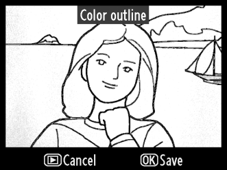 Color Outline (Vonalrajz) G gomb N retusálás menü Készítse el egy fénykép vonalrajzos másolatát, hogy az