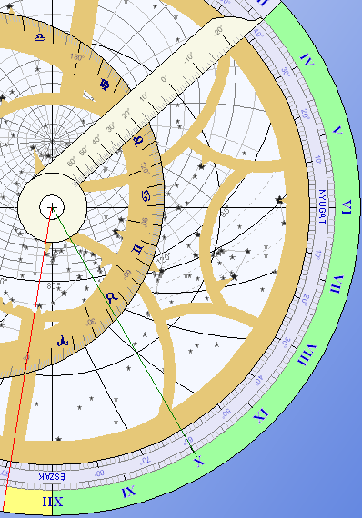 Szoláris idő és a szezonális idő 3 meghatározása Keressük meg az adott napon az asztrolábium hátlapján a Nap pozícióját. Ez pl. november 12- én 230 ekliptikai hosszúság, vagy Skorpió 20.