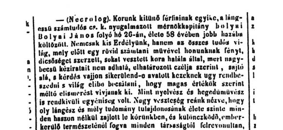 A Bolyait jól ismerő Dózsa Dániel újságíró, a Kolozsvári Közlöny, 1860. február 5. (11.) száma 2.