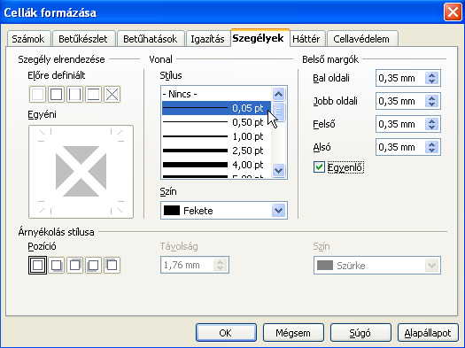 Ilyenkor az aktív cella, vagy a kijelölt cellatartomány az általunk választott szegélytípust kapja. 2.11. ábra.