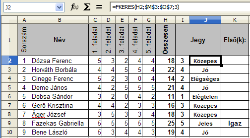 10. FEJEZET. KERESŐFÜGGVÉNYEK HASZNÁLATA 68 10.6. ábra. 21. feladat FKERES függvény képlet 10.7. ábra. 21. feladat HA képlet 10.4. A HOL.VAN és az INDEX függvények A HOL.