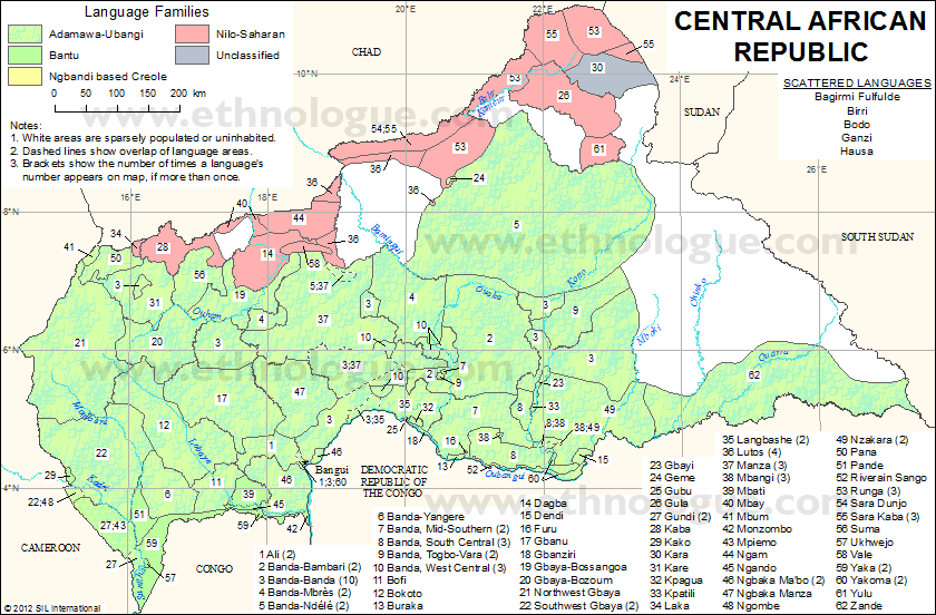 2. ábra: Főbb nyelvcsaládok A lakosság: baya 33%, banda 27%, főleg az ország északi és középső részén találhatóak; mandjia 13%, sara 10%, mboum 7%, m'baka 4%, főleg az ország délkeleti részén laknak;