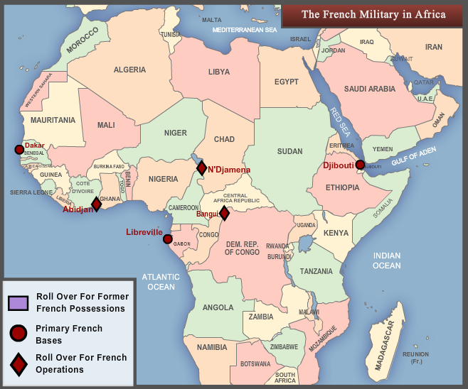 5. ábra: Francia katonai jelenlét Afrikában Amennyiben a helyzet megkívánta, Franciaország akár 2400 főt is állomásoztatott az országban (1997).