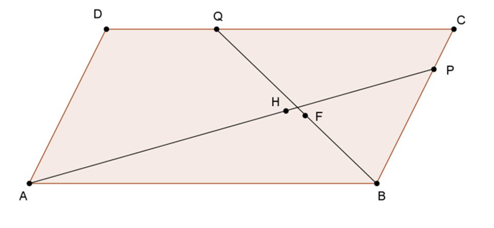 8. Az A(0; 0); B(9; 0); C(11; 4); D(2; 4) pontok egy paralelogrammát határoznak meg. A P pont a BC oldal C-hez közelebbi negyedelő pontja, a Q pont a DC szakasz D-hez közelebbi harmadoló pontja.