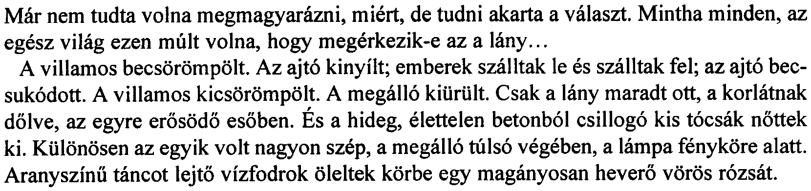 Már nem tudta volna megmagyarázni, miért, de tudni akarta a választ. Mintha minden, az egész világ ezen múlt volna, hogy megérkezik-e az a lány... A villamos becsörömpölt.