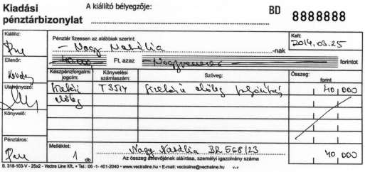 kiállítani két példányban. Az egyes példányok útja: 1. a kiállítóé (az alapbizonylathoz csatolják és eljuttatják a könyveléshez), 2. tőpéldány (a tömbben marad).