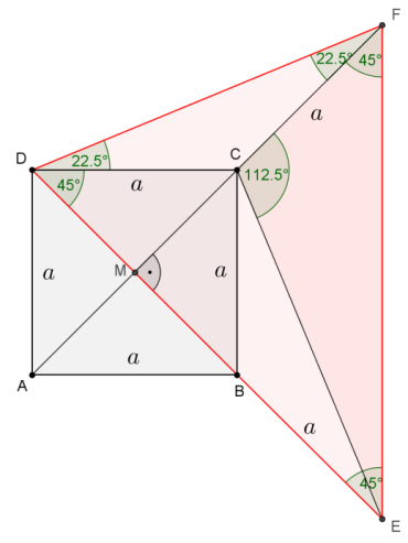 A négyzet átlójának meghosszabbításával az pontot kaptuk, a átló meghosszabbításával pedig az pontot. A tengelyes szimmetria miatt elegendő megvizsgálni az és az háromszögeket.