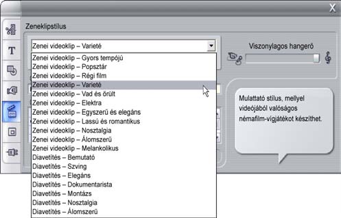 Az egyes stílusok rövid leírása megjelenik a buborékban a stílusok listájának böngészése közben.