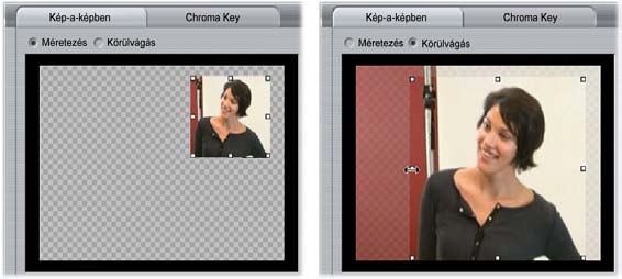 A Kép-a-képben eszköz Méretezés (balra) és Körülvágás (jobbra) üzemmódban.