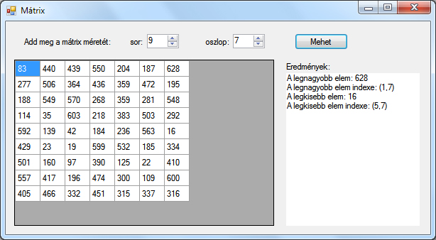 19.19. ábra. Működés közben. 1 private void AdatokFeltolt ( i nt N, int M) 3 datagridview. Columns. Clear ( ) ; 4 datagridview. Rows. Clear ( ) ; 5 6 for ( int j = 0 ; j < M; j++) 7 { 8 datagridview.