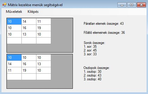 19.26. feladat [Véletlen számok mátrixban] Töltsön fel egy 3x3 mátrixot 10 és 20 közé eső véletlen számokkal.