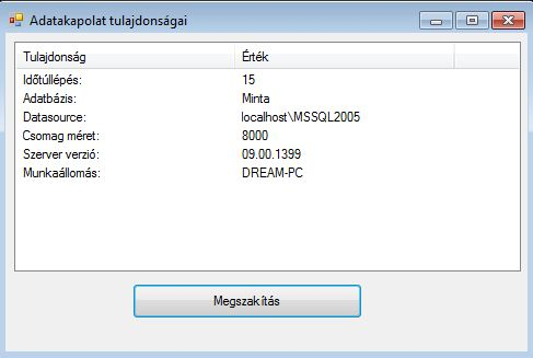 21.3. feladat [Kapcsolat jellemzői] Írjon programot, melynek a segítségével kapcsolódni tud a Minta adatbázishoz. Használja a szerver telepítésekor megadott sa felhasználót és jelszavát.