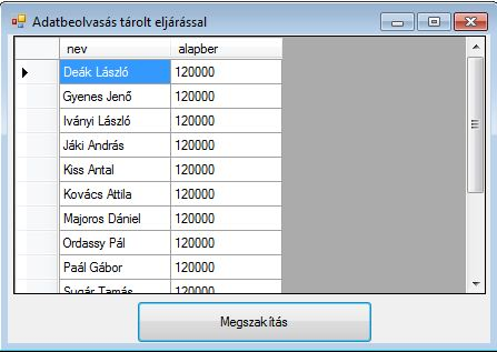 21.27. ábra. Működés közben. 1 public Form1 ( ) I n i t i a l i z e C o m p o n e n t ( ) ; 3 buttoncon. Text = " Kapcsolódás... " ; 4 sconn = new SqlConnection ( ConnSt ) ; 5 scomm = sconn.