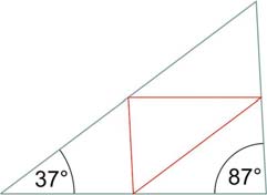 56 MATEMATIKA A 9. ÉVFOLYAM Tanári útmutató VI. Háromszögekkel kapcsolatos feladatok 4. Mekkorák az ábra szerinti középvonalak által meghatározott háromszög szögei? 37, 87, 56. 43.