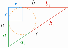 Határozzuk meg, hogy a befogók összege mennyivel nagyobb az átfogónál? A külső pontból húzott érintőszakaszok egyenlők (lásd az ábrát). 1 a 1 b c + =.