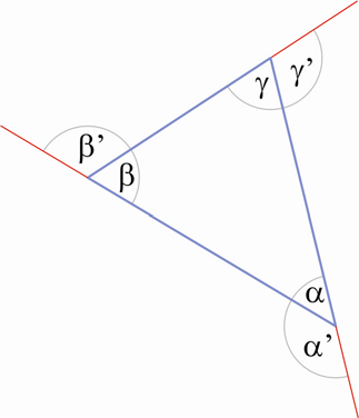 α és α mellékszögek, így α' = 180 α. Másrészt a háromszög belső szögeinek összege 180, vagyis α + β + γ = 180.