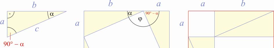 7. modul: HÁROMSZÖGEK 79 Pitagorasz-tétel: a derékszögű háromszögben a befogók négyzetösszege egyenlő az átfogó hosszának négyzetével: c = a + b ; a és b: befogók, c: átfogó.