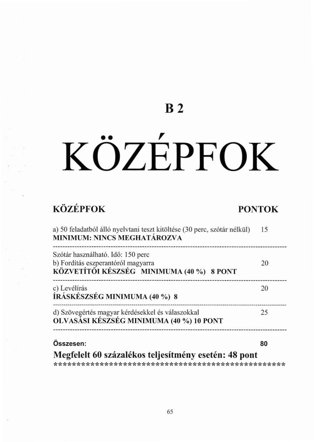 B2.., KOZEPFOK KÖZÉPFOK PO TOK a) 50 feladatból álló nyelvtani teszt kitöltése (30 perc, szótár nélkül) 15 MI 'JMUM: NINCS MEGHATÁROZVA Szótár használható.