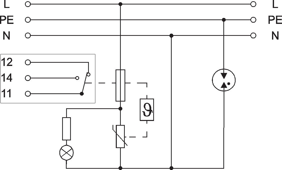 folyamatok okozta túlfeszültséget és korlátolja a túlfeszültségi hullám energiáját Szerelése 35 mm DIN sínre Védelem az átlós és a hosszangti túlfeszültség (L/N, L/PE, N/PE) ellen A védelmi hatást