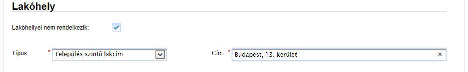 Amennyiben a típusnál Település szintű lakcímet választunk ki, akkor a települést szükséges a cím mezőben berögzítenünk.