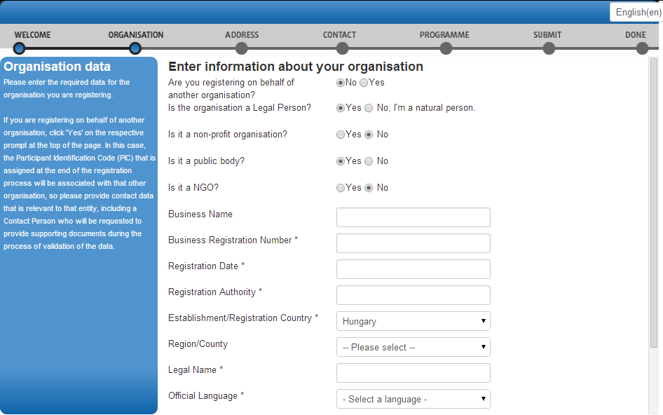 6. lépés Are you registering on behalf of another organisation? Is the organisation a Legal Person? Is it a non-profit organisation? Is it a public body? Is it a NGO?